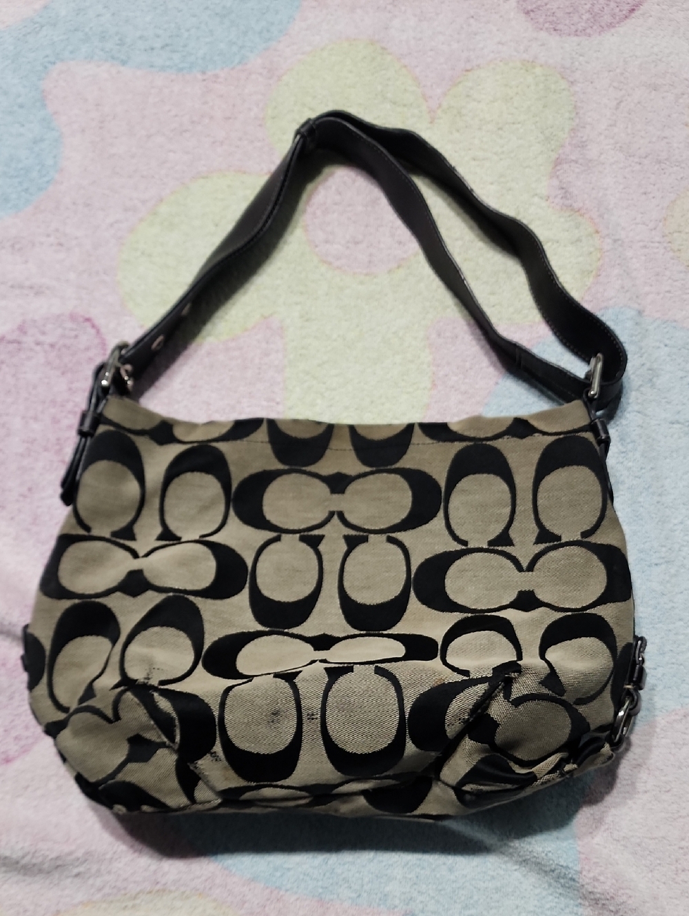 Coach Black and Tan Signature Canvas Shoulder Bag